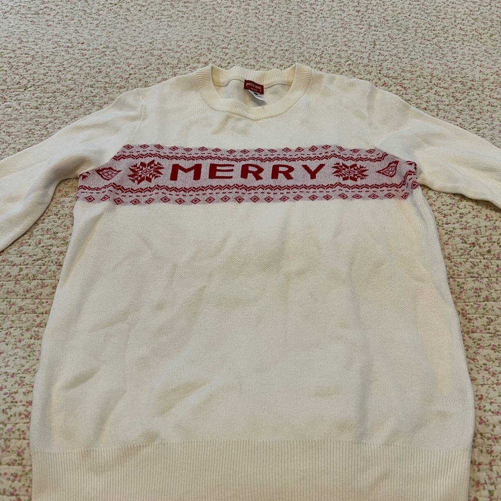 Petit Lem Cream and Red Festive Crewneck Sweater